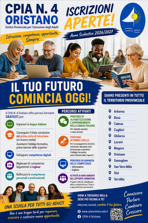 Informativa iscrizioni Centro Provinciale di Istruzione per gli Adulti (CPIA) n. 4 di Oristano - A.S. 2026/2027
